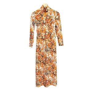 Vintage Alison Ayres Maxi Dress Mock Neck 70s Floral Long Sleeved Orange Boho SM